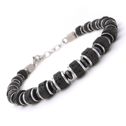 Bracciale da uomo in pietre dure con lava occhio ed ematite inserto centrale in acciaio