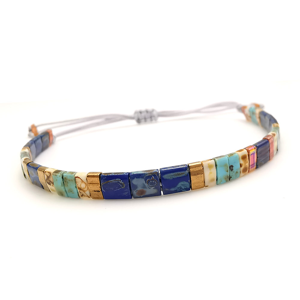 Bracciale da uomo in perline vetro Miyuki blu azzurro regolabile