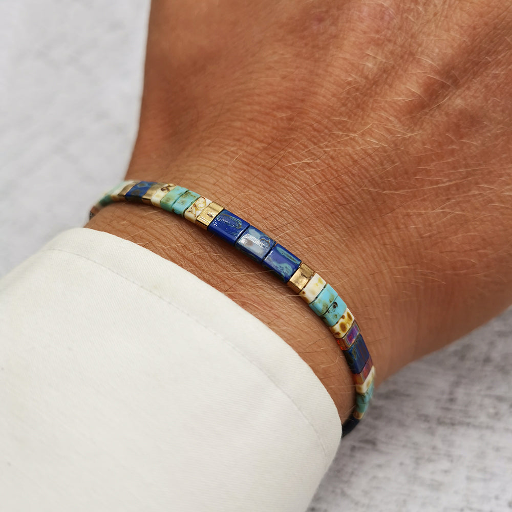 Bracciale da uomo in perline vetro Miyuki blu azzurro regolabile