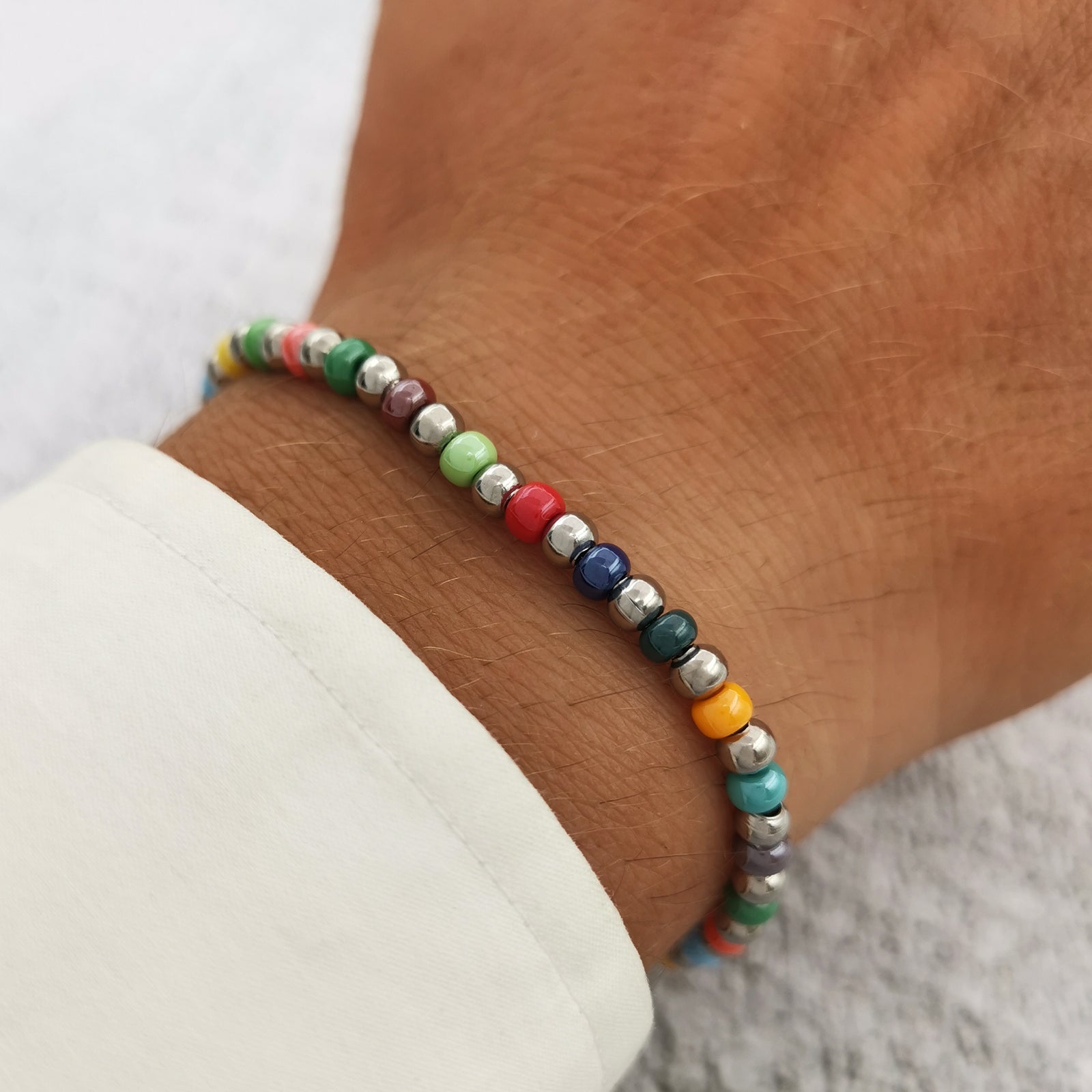 Bracciale da uomo in vetro di Boemia e acciaio con perline perle colorate