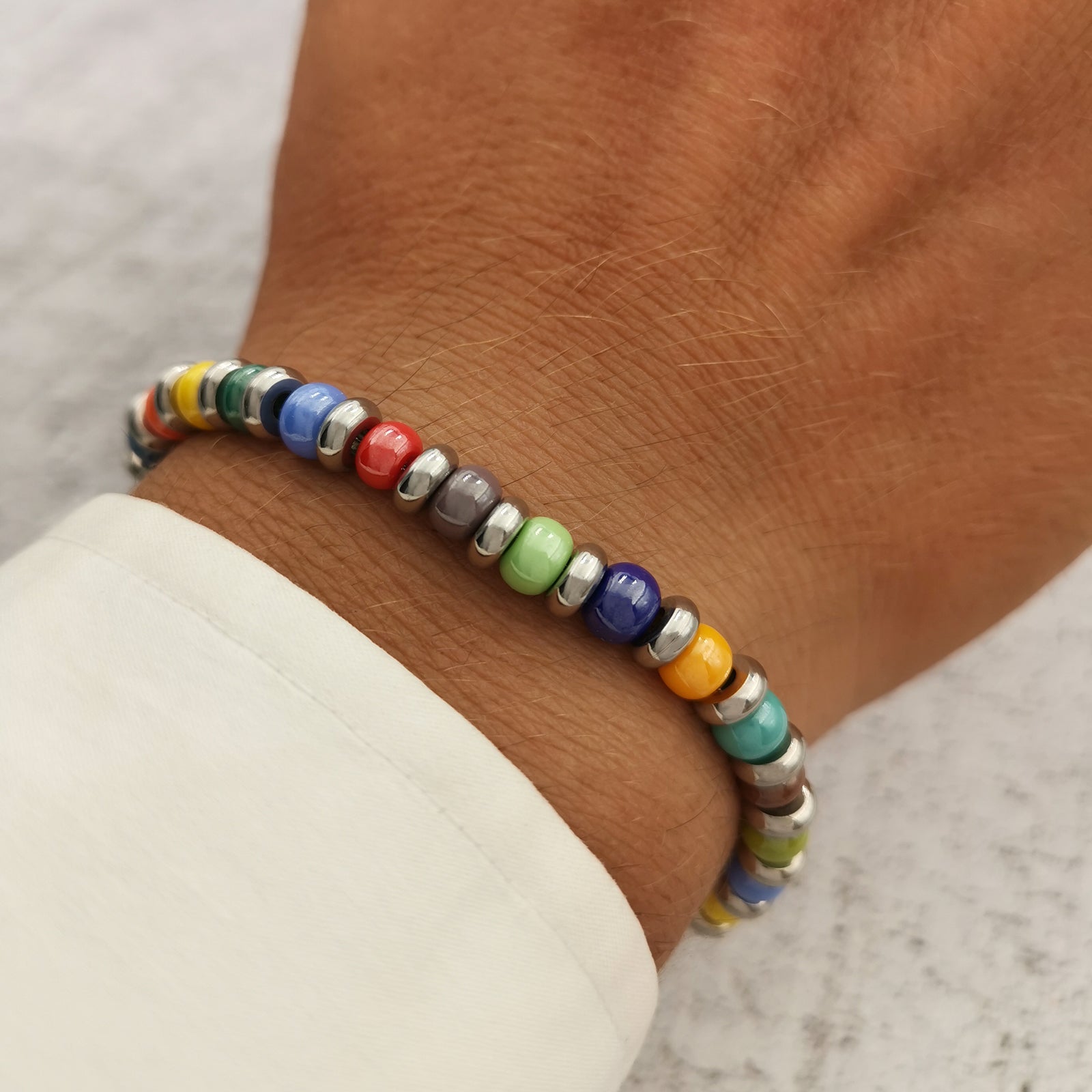 Bracciale da uomo in vetro di Boemia e acciaio con perline perle colorate