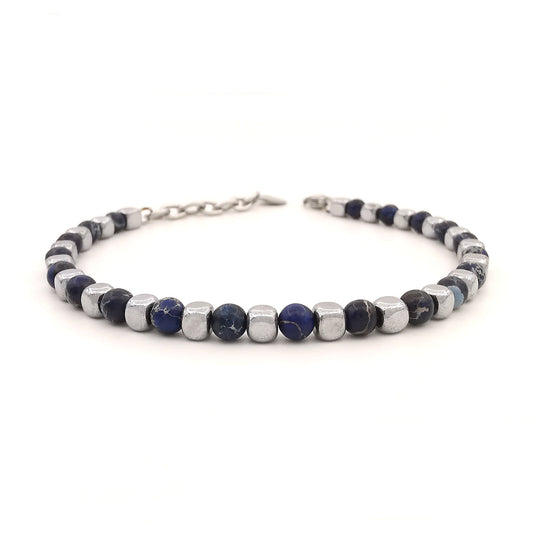 Bracciale da uomo in pietre dure con acciaio pepite cubi ematite diaspro jasper imperiale blu regolabile perle perline