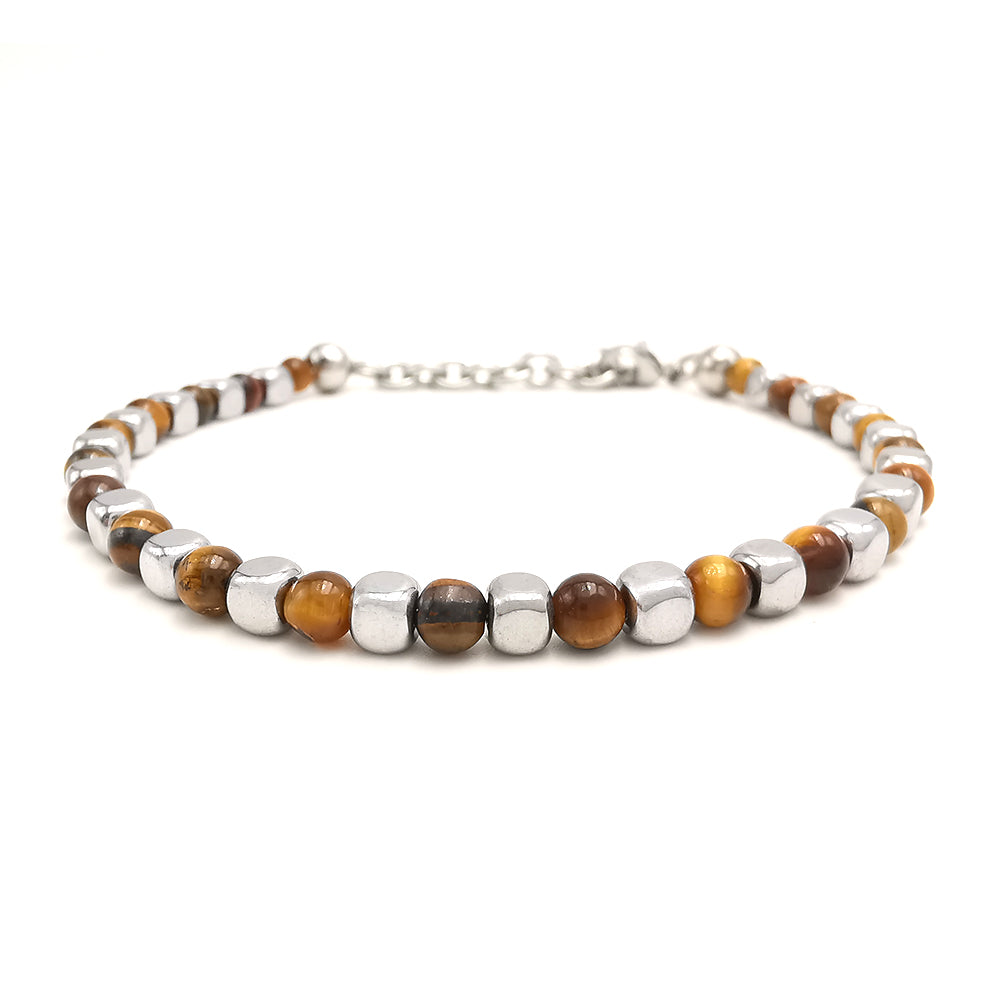 Bracciale da uomo in acciaio e pietre dure (occhio di tigre ed ematite)