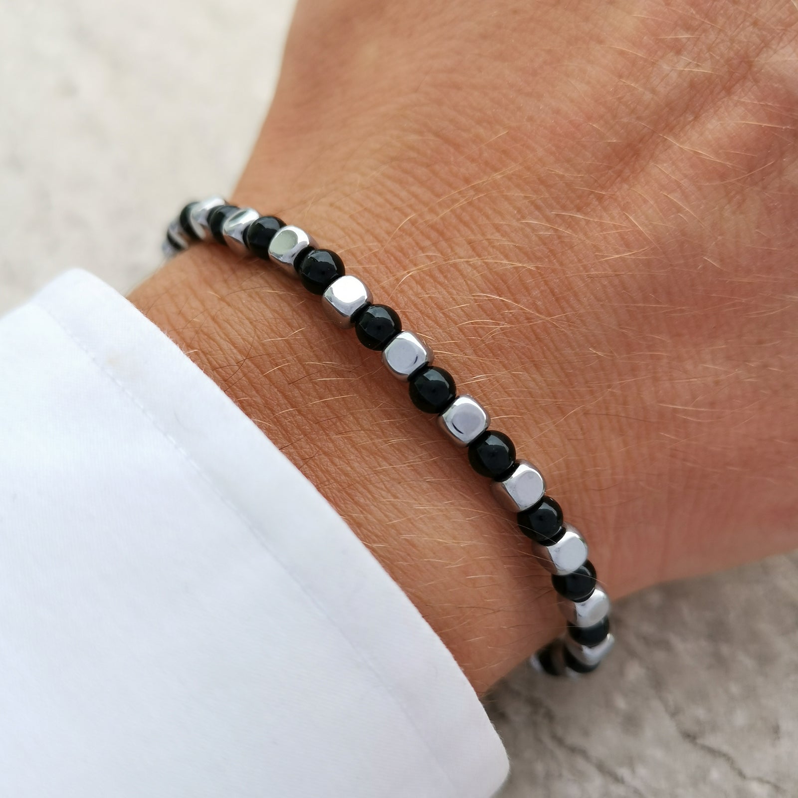 Bracciale da uomo in pietre dure con acciaio pepite cubi diaspro onice lucido ematite regolabile perle perline