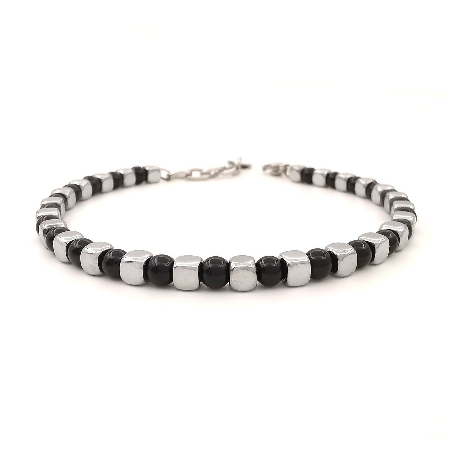 Bracciale da uomo in pietre dure con acciaio pepite cubi diaspro onice lucido ematite regolabile perle perline