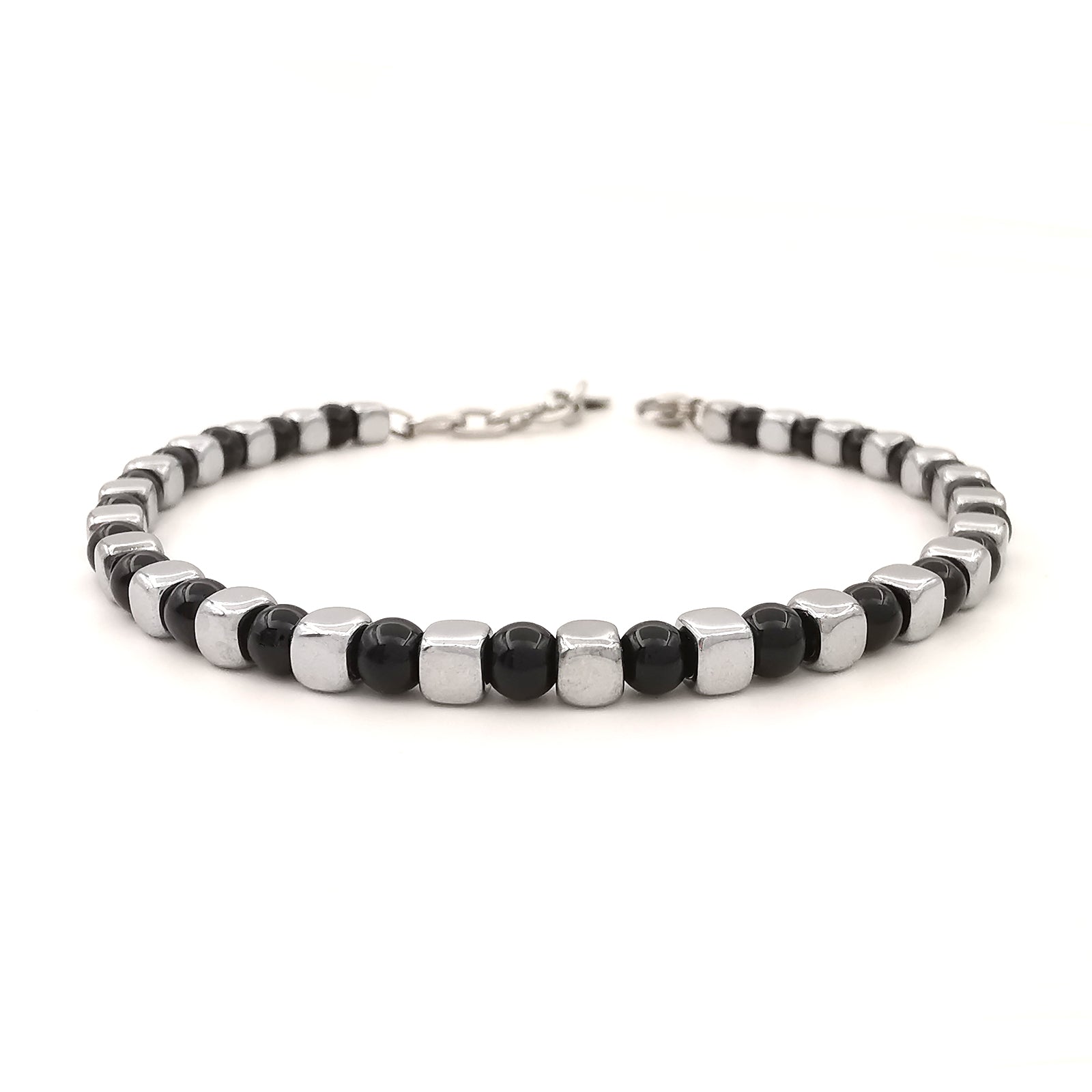 Bracciale da uomo in pietre dure con acciaio pepite cubi diaspro onice lucido ematite regolabile perle perline