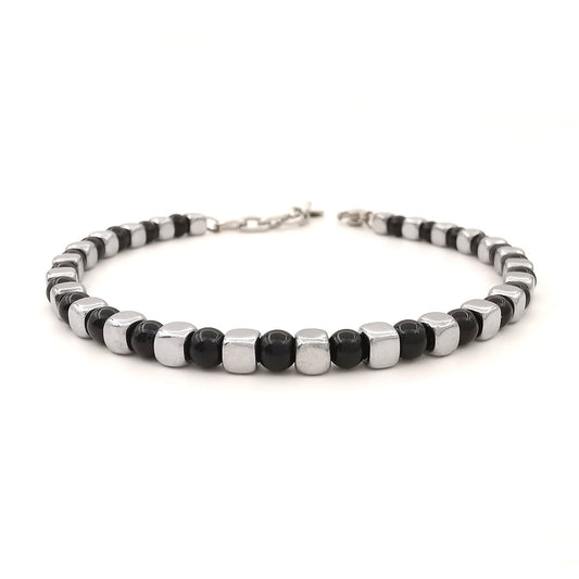 Bracciale da uomo in pietre dure con acciaio pepite cubi diaspro onice lucido ematite regolabile perle perline