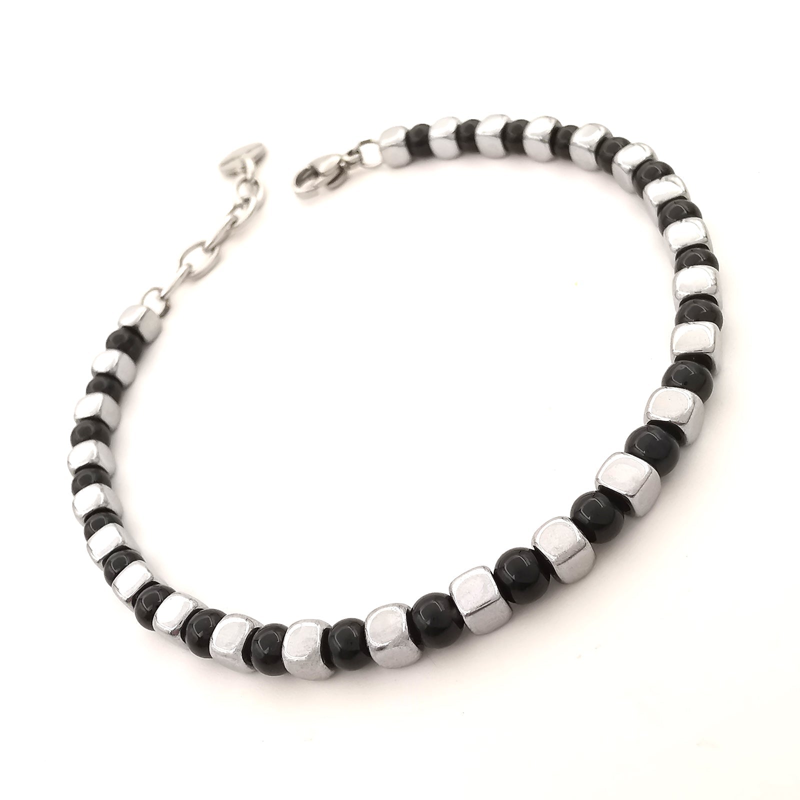 Bracciale da uomo in pietre dure con acciaio pepite cubi diaspro onice lucido ematite regolabile perle perline