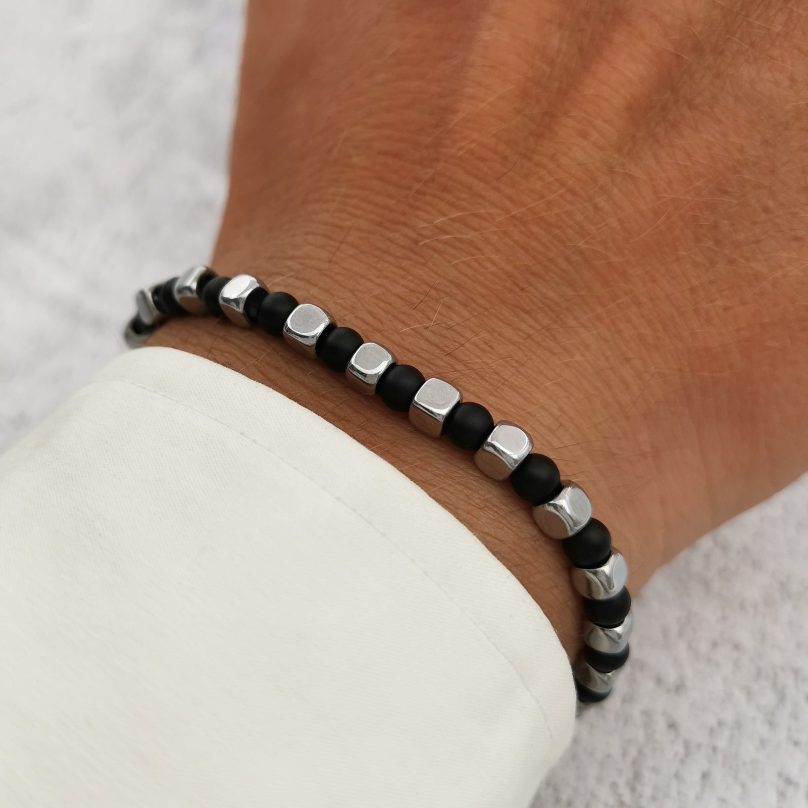 Bracciale da uomo in pietre dure con acciaio pepite cubi diaspro onice opaco ematite regolabile perle perline