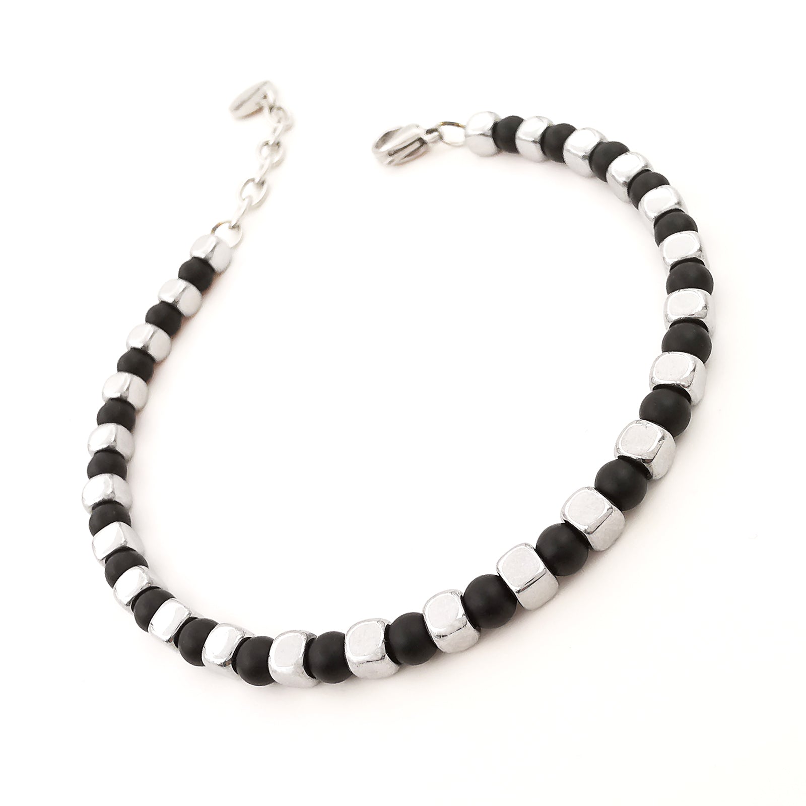 Bracciale da uomo in pietre dure con acciaio pepite cubi diaspro onice opaco ematite regolabile perle perline