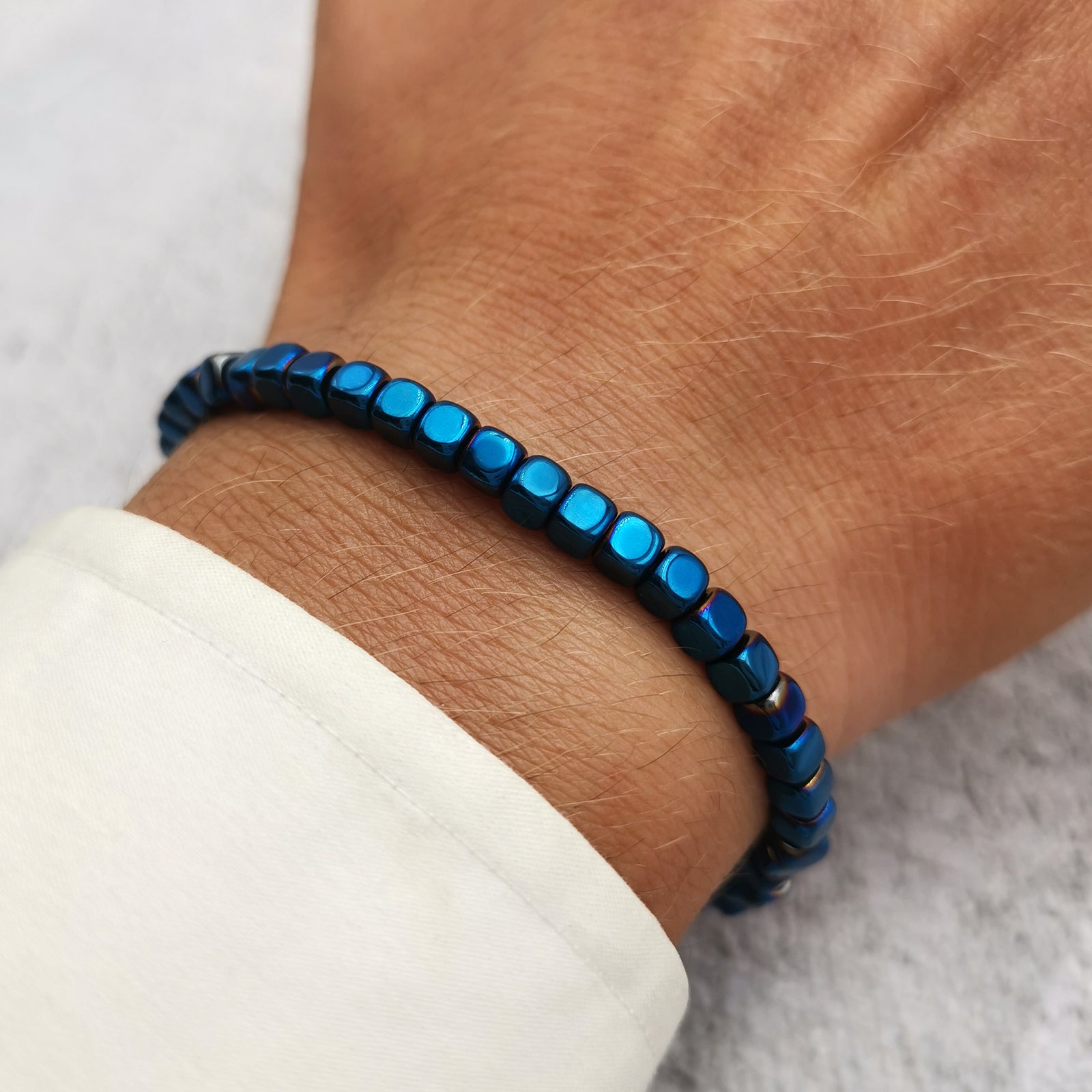 Bracciale da uomo in pietre dure con acciaio pepite cubi ematite blu regolabile perle perline