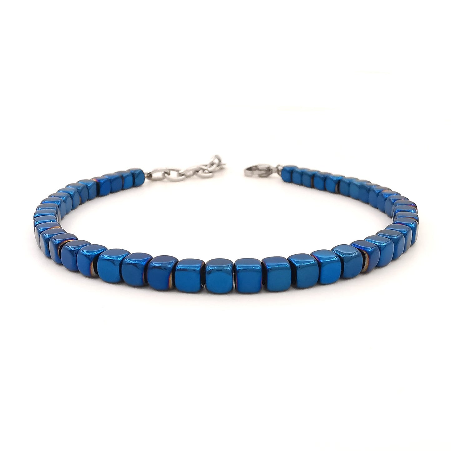 Bracciale da uomo in pietre dure con acciaio pepite cubi ematite blu regolabile perle perline