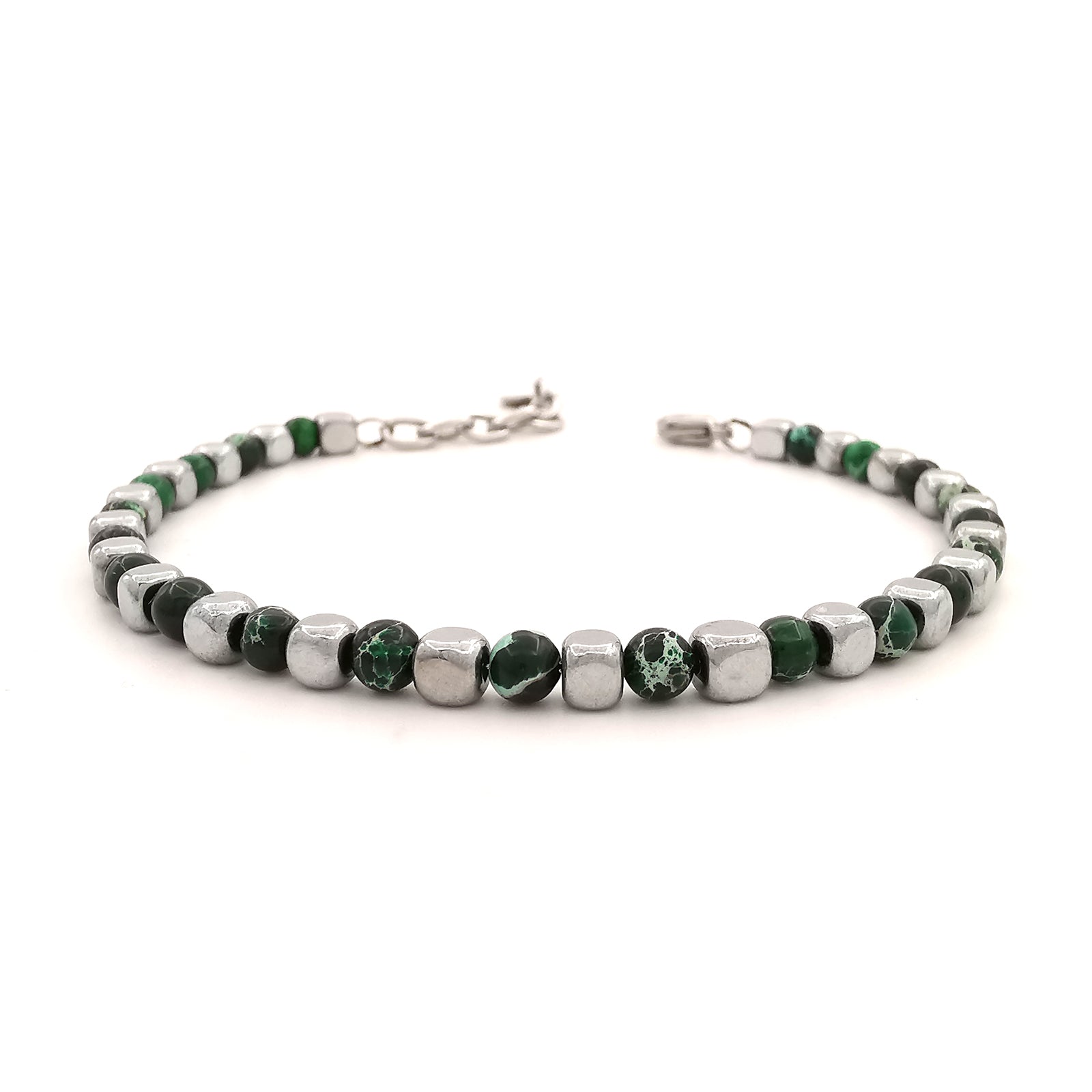 Bracciale da uomo in pietre dure con acciaio pepite cubi diaspro verde ematite regolabile perle perline