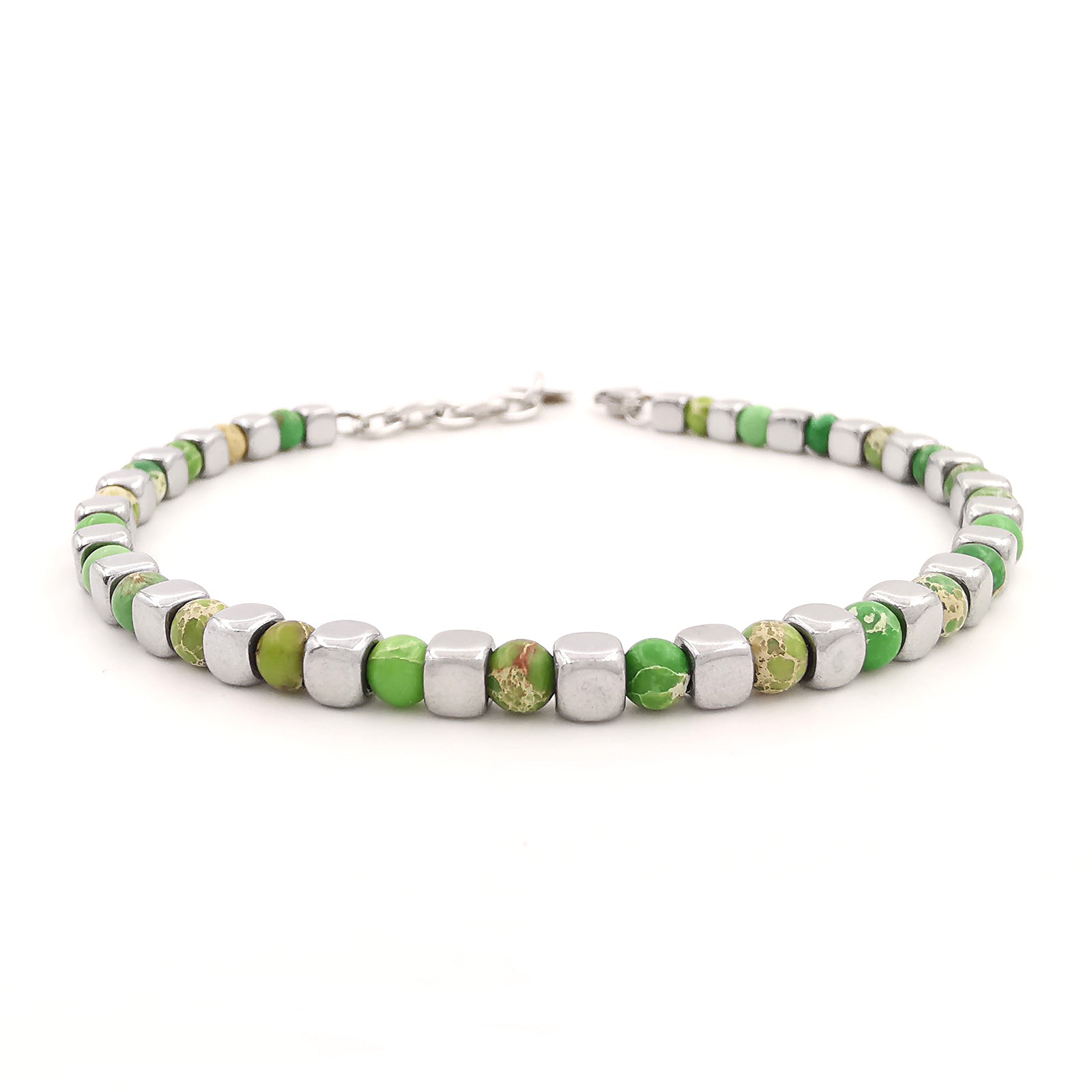 Bracciale da uomo in pietre dure con acciaio pepite cubi diaspro verde ematite regolabile perle perline