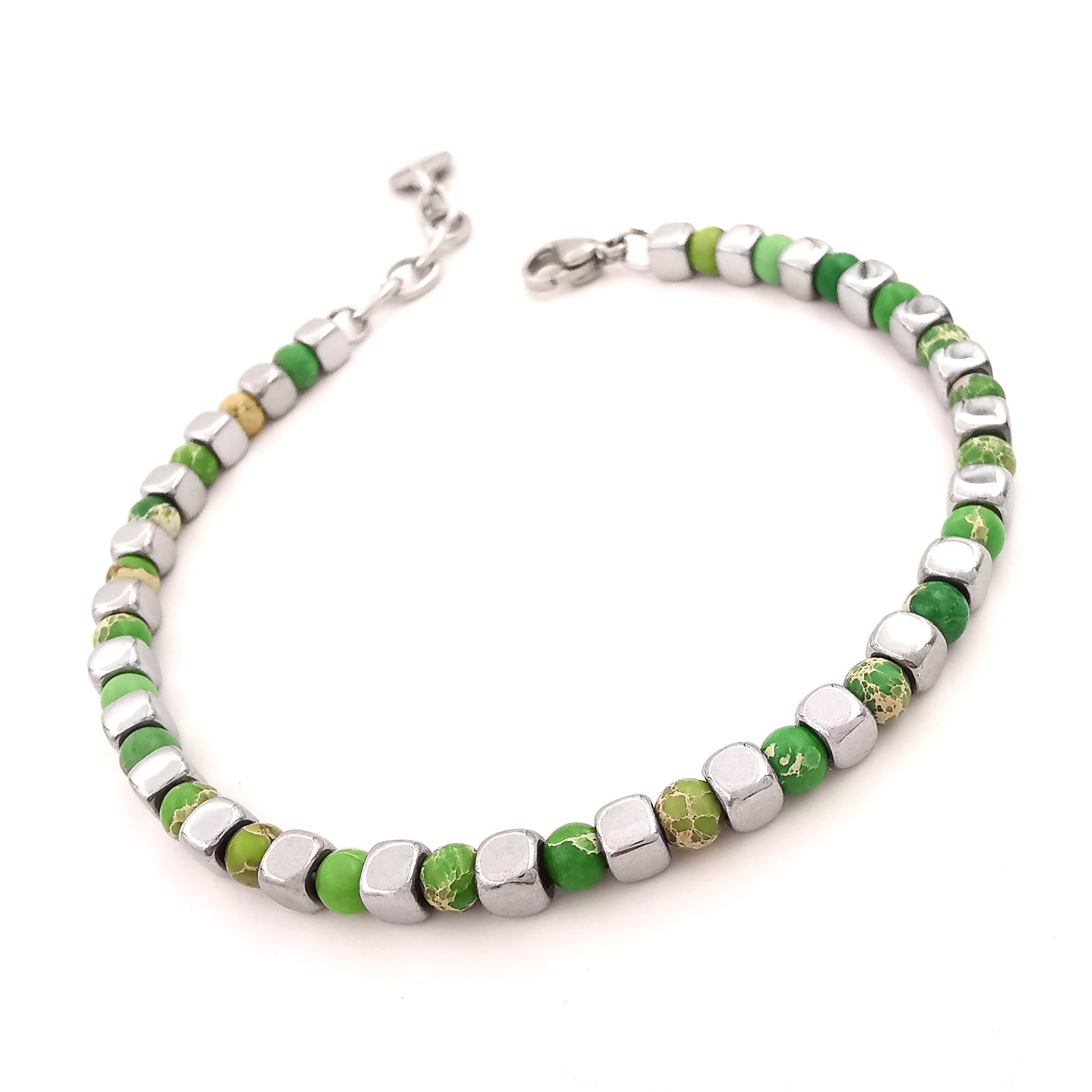 Bracciale da uomo in pietre dure con acciaio pepite cubi diaspro verde ematite regolabile perle perline