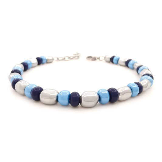 Bracciale da uomo nuggets pepite ematite con perline vetro di Boemia blu azzurro lucido braccialetto