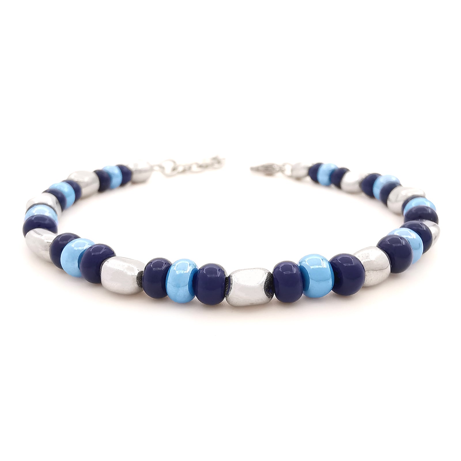 Bracciale da uomo nuggets pepite ematite con perline vetro di Boemia azzurro blu lucido braccialetto