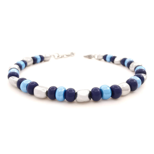 Bracciale da uomo nuggets pepite ematite con perline vetro di Boemia azzurro blu lucido braccialetto