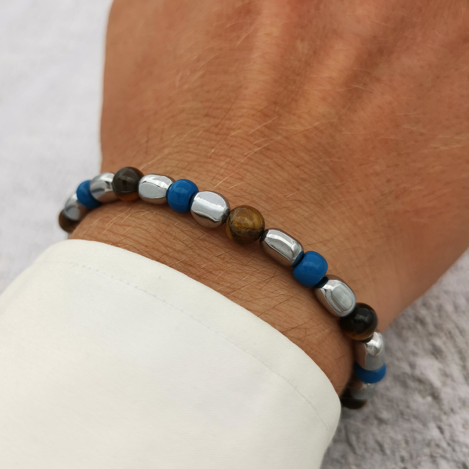 Bracciale da uomo nuggets braccialetto ematite vetro di Boemia blu pietre dure occhio di tigre