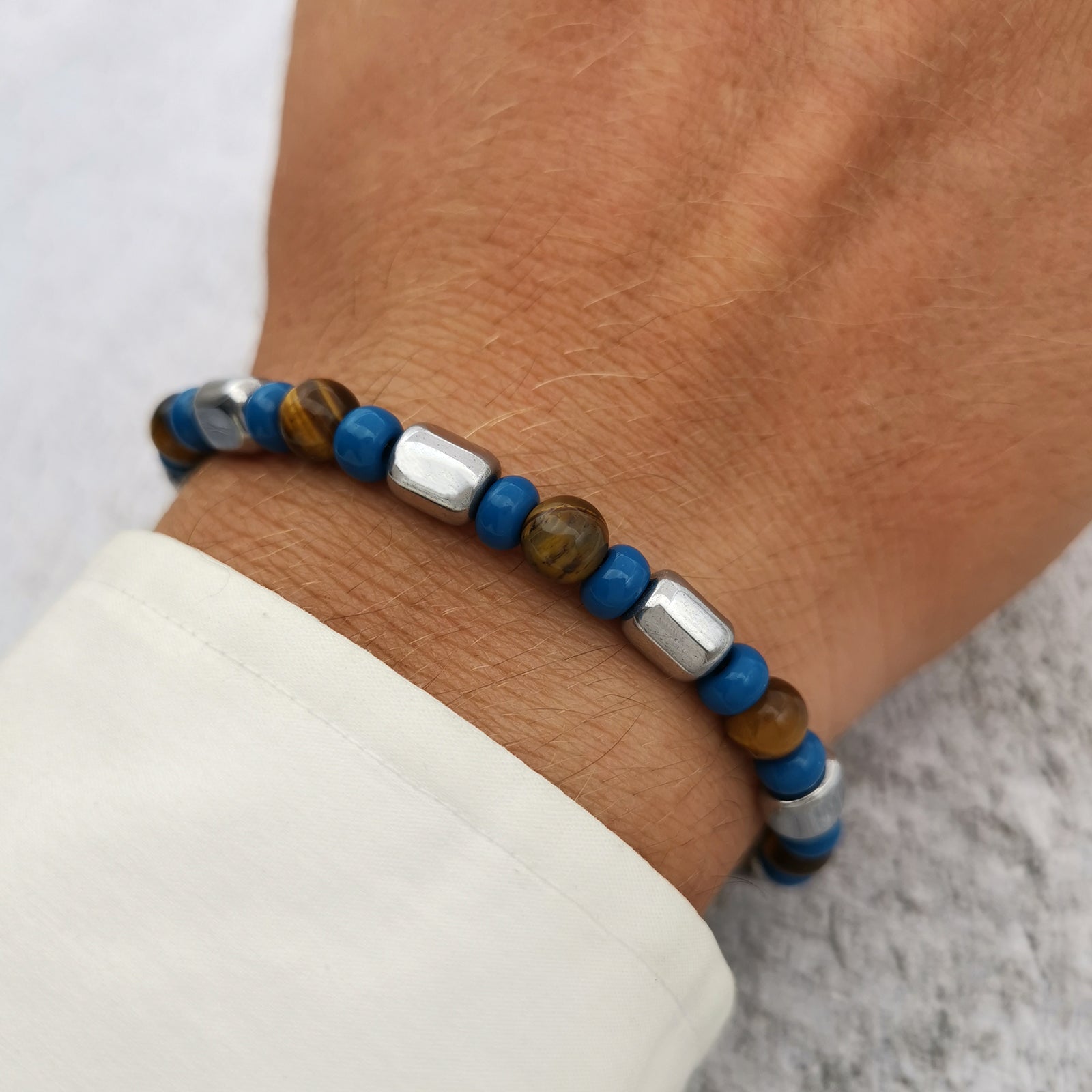 Bracciale da uomo nuggets braccialetto ematite vetro di Boemia blu pietre dure occhio di tigre