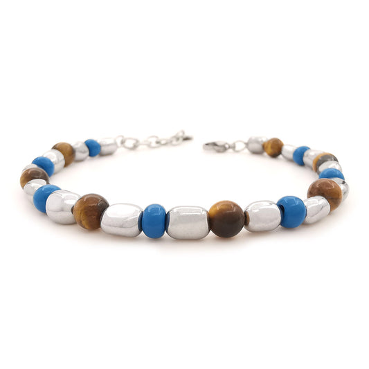 Bracciale da uomo nuggets braccialetto ematite vetro di Boemia blu pietre dure occhio di tigre