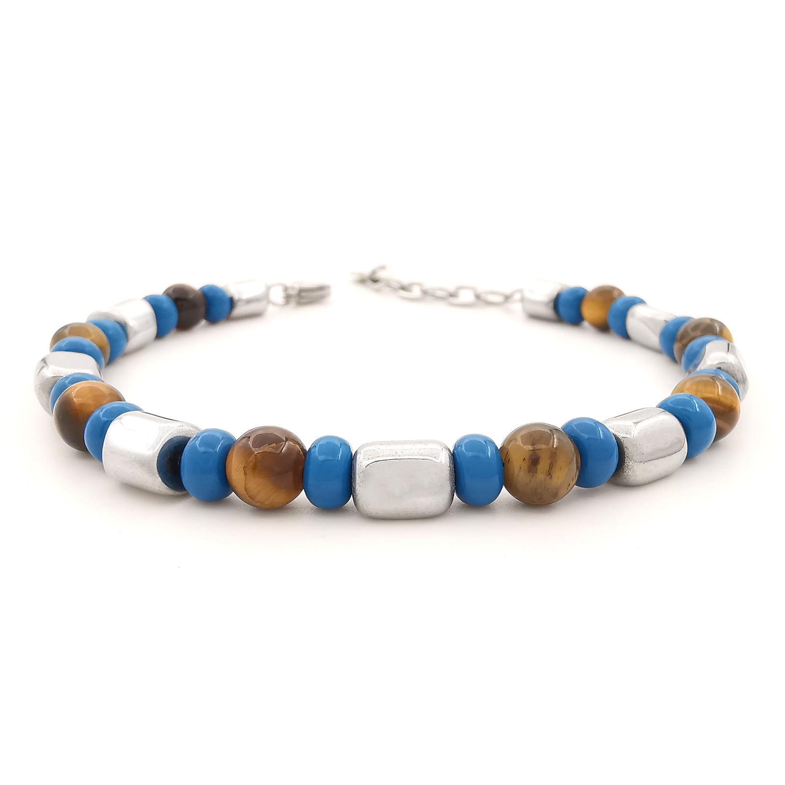 Bracciale da uomo nuggets braccialetto ematite vetro di Boemia blu pietre dure occhio di tigre