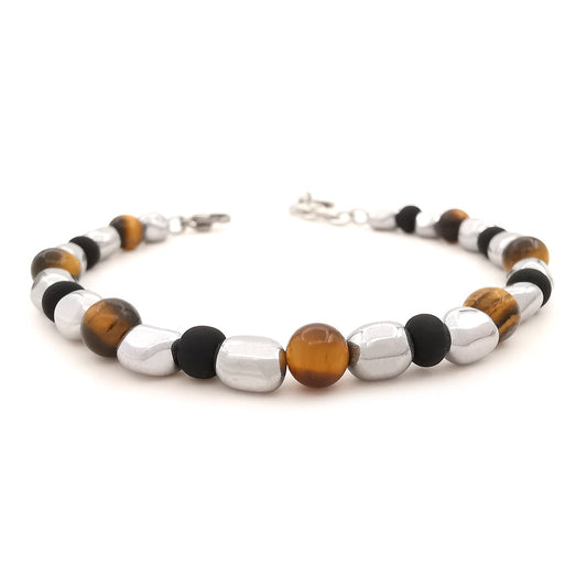 Bracciale da uomo nuggets pepite ematite occhio di tigre perline vetro di Boemia nero opaco braccialetto