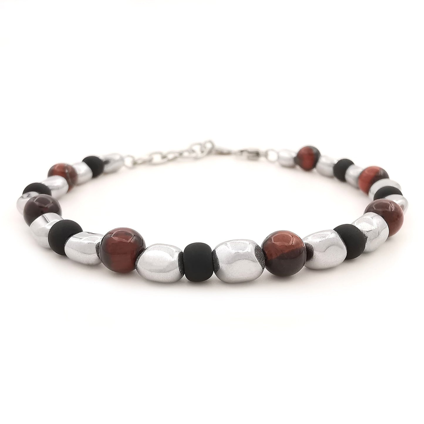Bracciale da uomo nuggets pepite ematite occhio di tigre rosso perline vetro di Boemia nero opaco braccialetto