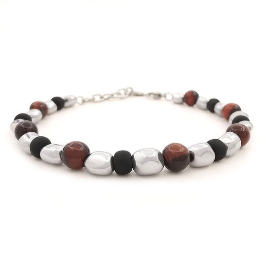 Bracciale da uomo nuggets pepite ematite occhio di tigre rosso perline vetro di Boemia nero opaco braccialetto
