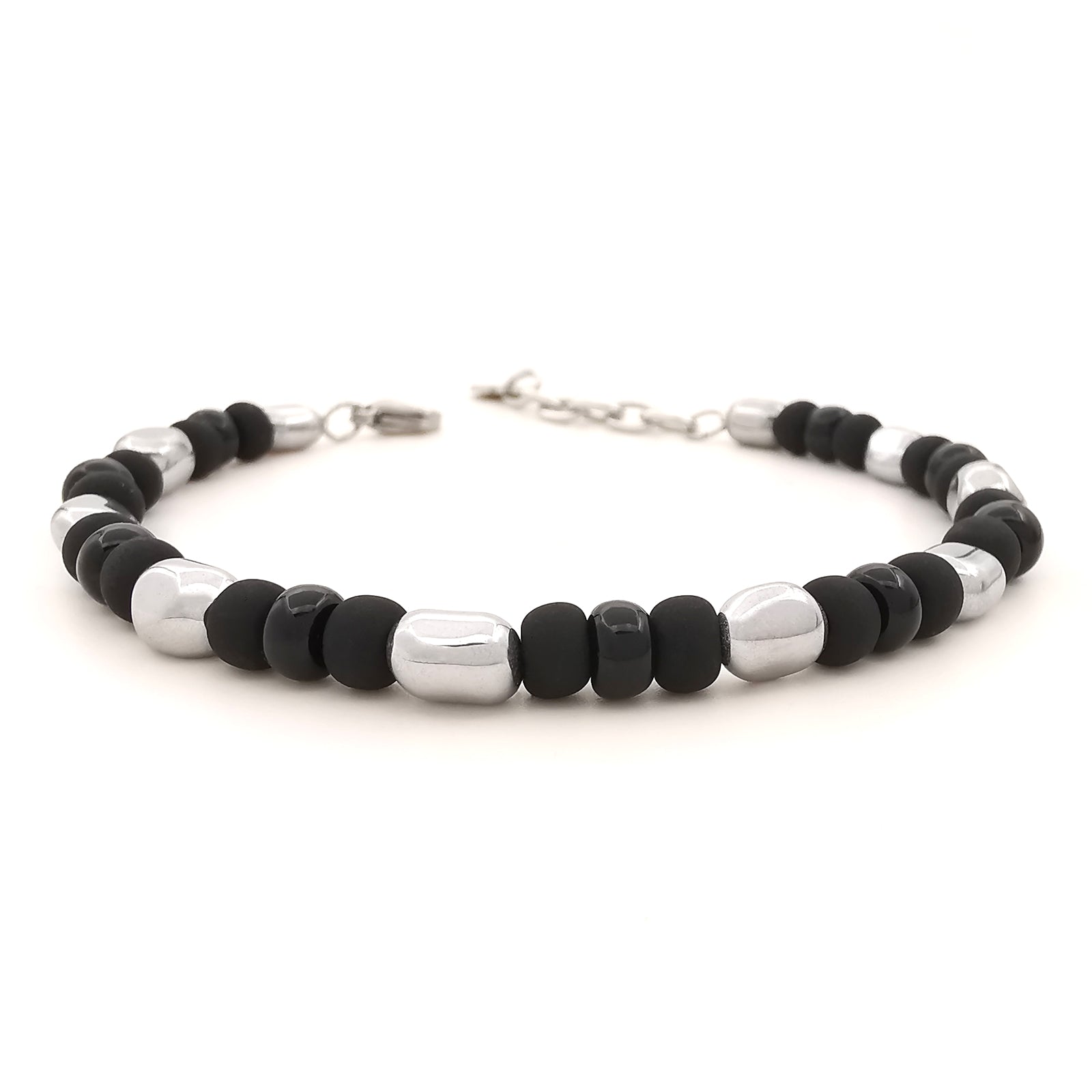 Bracciale da uomo nuggets pepite ematite con perline vetro di Boemia nero opaco lucido braccialetto