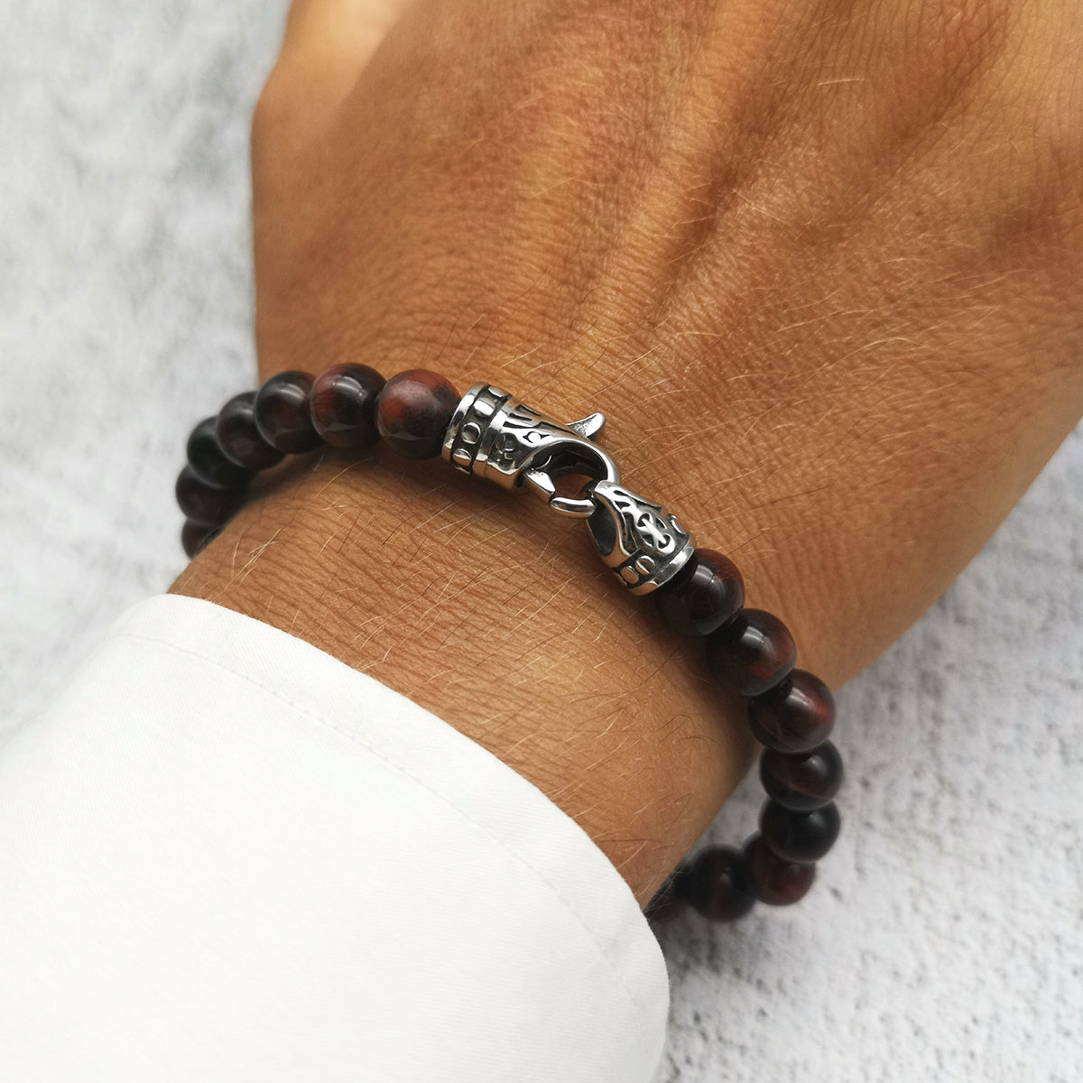 Bracciale da uomo con pietre dure occhio di tigre rosso e acciaio