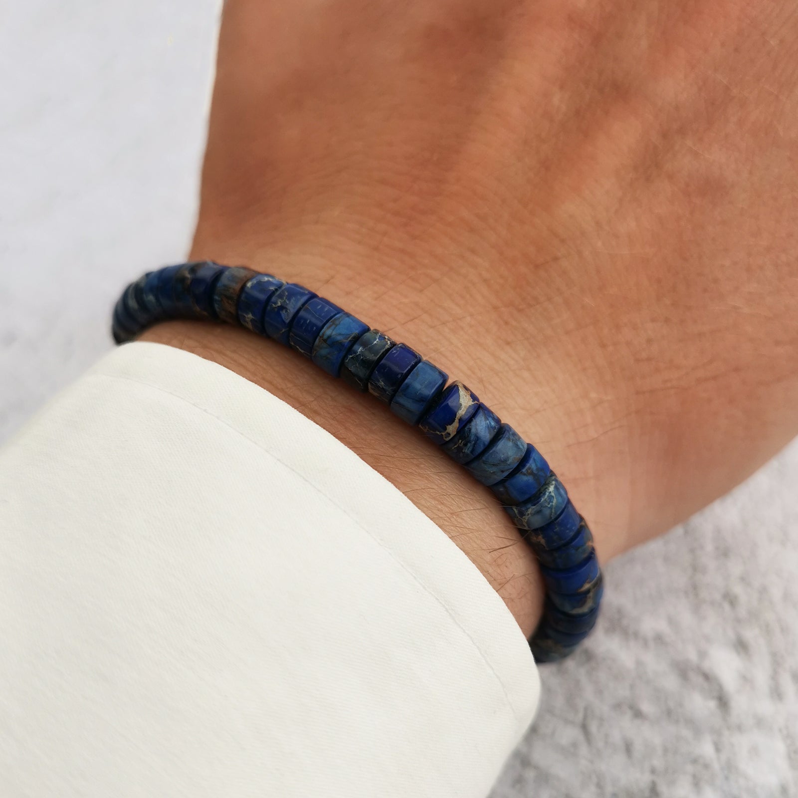 Bracciale da uomo in pietre dure rondelle diaspro imperiale blu regolabile colorato