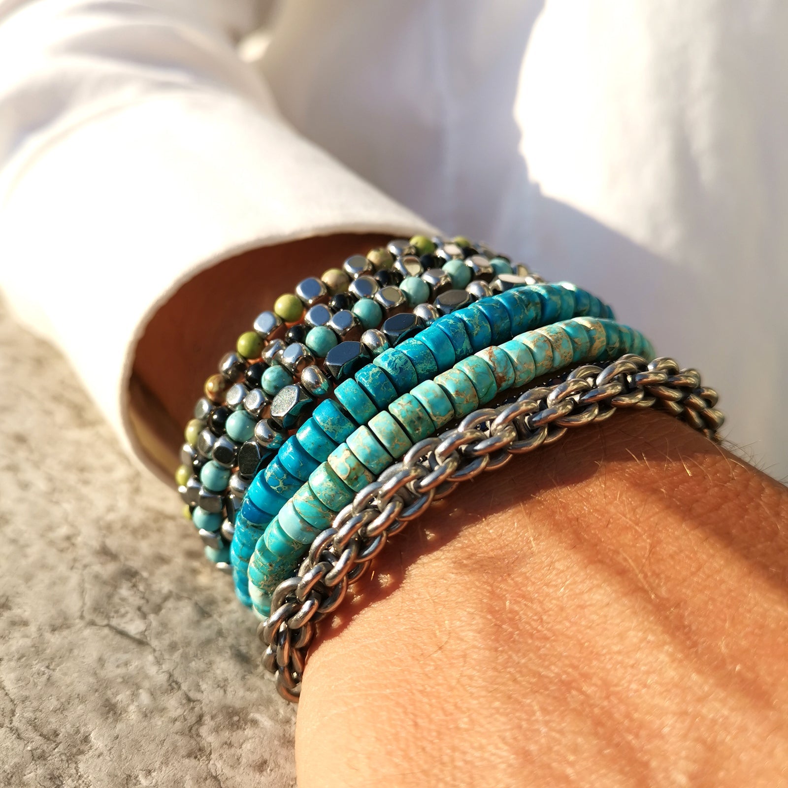 Bracciale da uomo in pietre dure rondelle diaspro turchese regolabile colorato