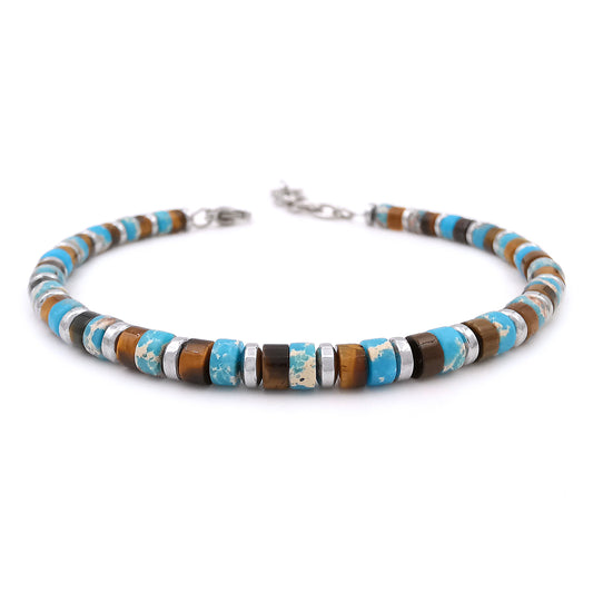 Bracciale da uomo in pietre dure ematite occhio di tigre diaspro regolabile acciaio