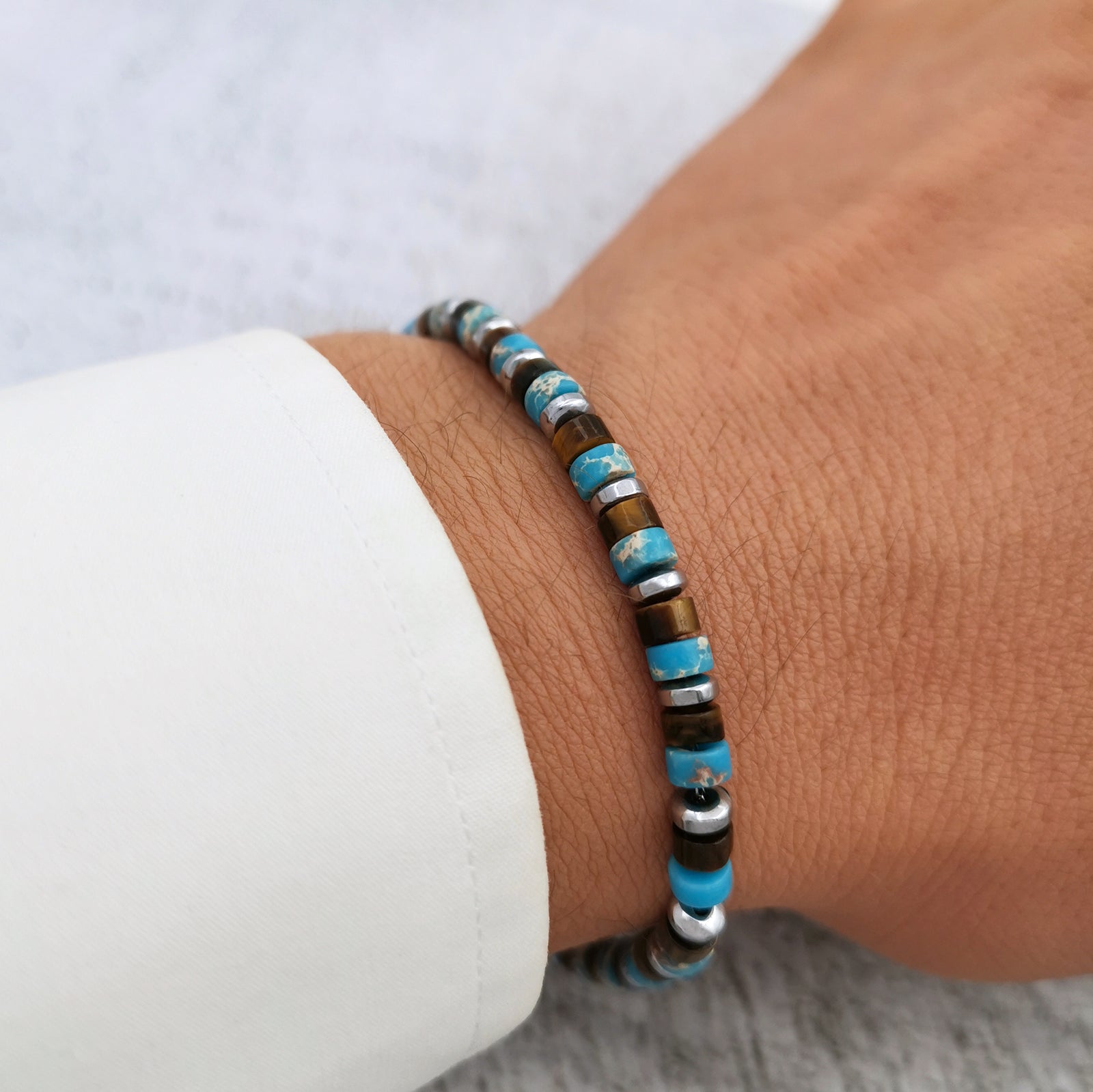 Bracciale da uomo in pietre dure ematite occhio di tigre diaspro regolabile acciaio