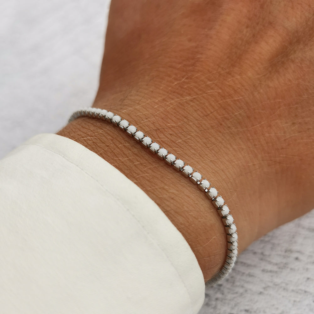 Bracciale da uomo modello tennis in acciaio e strass cristallo bianco opaco