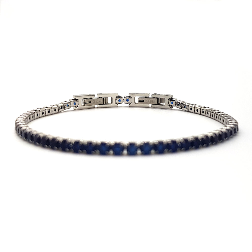 Bracciale da uomo modello tennis in acciaio e zirconi blu