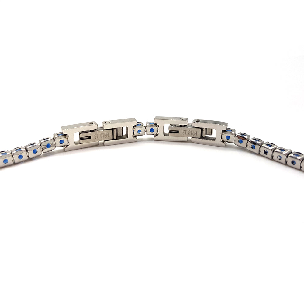 Bracciale da uomo modello tennis in acciaio e zirconi blu