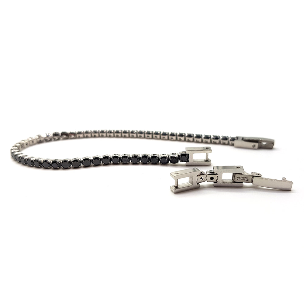 Bracciale da uomo modello tennis in acciaio e zirconi nero