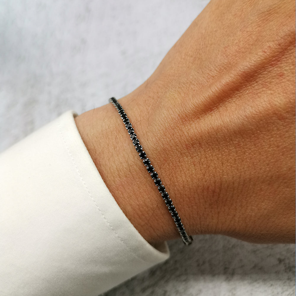 Bracciale da uomo modello tennis in acciaio e zirconi nero