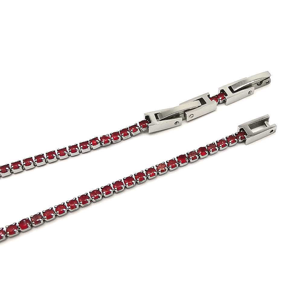 Bracciale da uomo modello tennis in acciaio e zirconi rosso