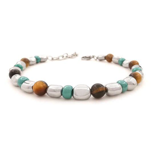 Bracciale da uomo nuggets pepite ematite con vetro di Boemia verde e occhio di tigre