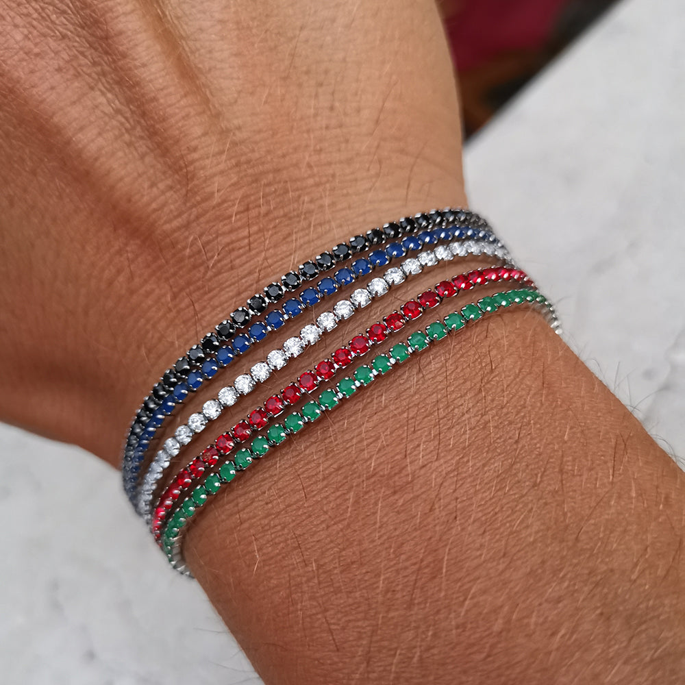 Bracciale da uomo modello tennis in acciaio e zirconi nero blu bianco rosso verde
