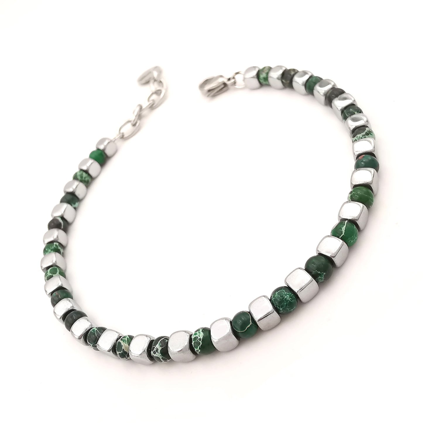 Bracciale da uomo in pietre dure con acciaio pepite cubi diaspro verde ematite regolabile perle perline