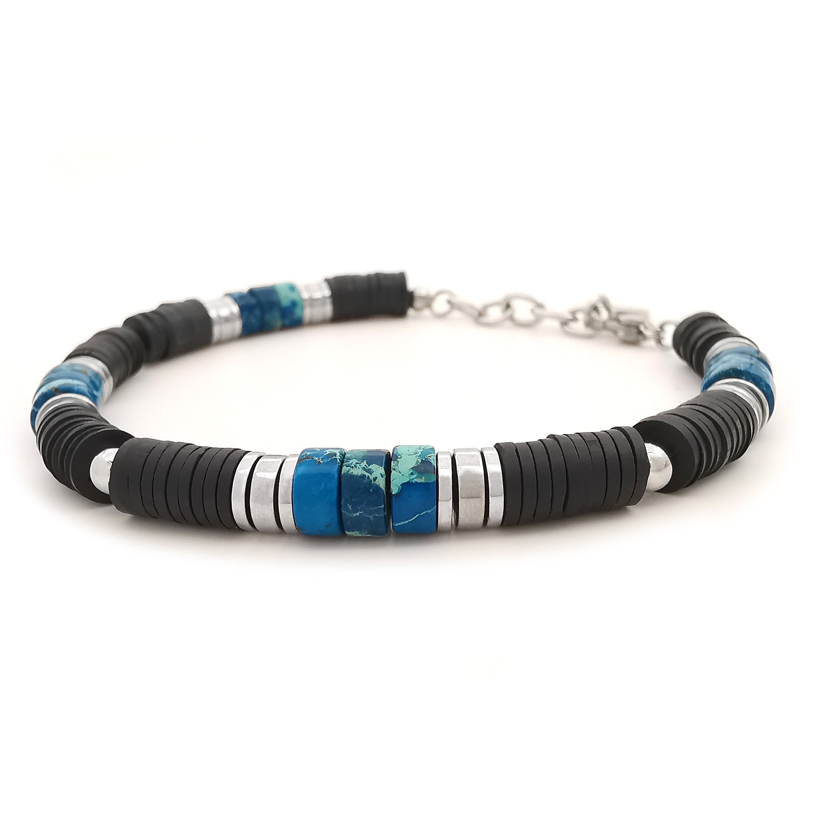 Bracciale da uomo in pietre dure ematite diaspro imperiale e perline heishi nero braccialetto