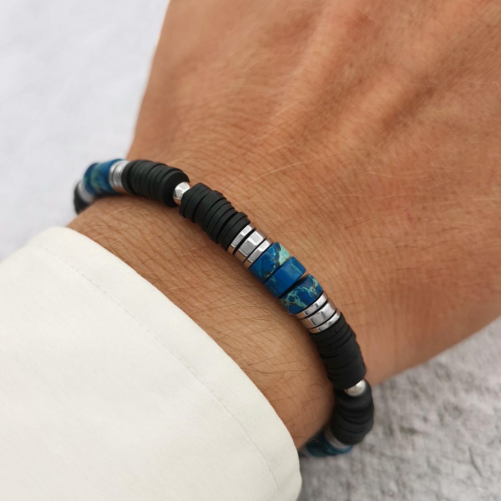 Bracciale da uomo in pietre dure ematite diaspro imperiale e perline heishi nero braccialetto