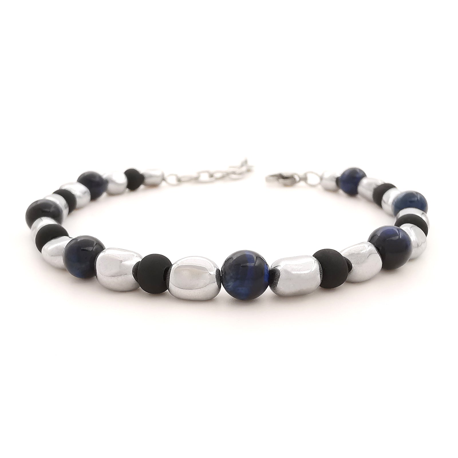 Bracciale da uomo nuggets pepite ematite occhio di tigre blu perline vetro di Boemia nero opaco braccialetto